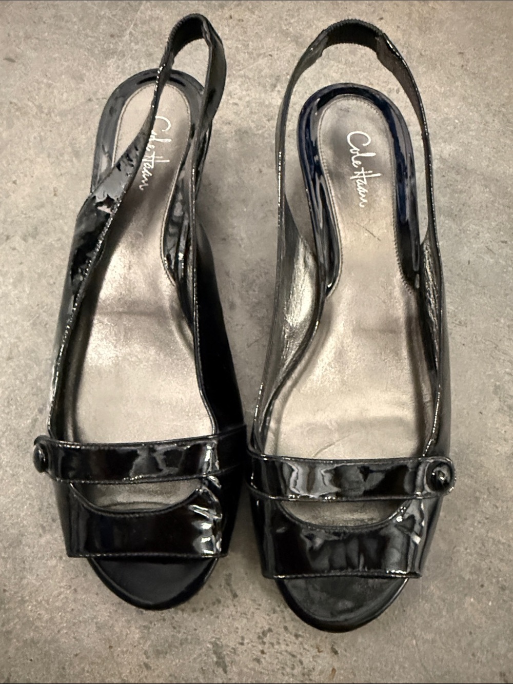 Cole Haan Black Patent Slingback Peep-Toe Mules